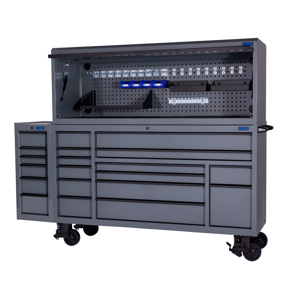 SGS 72in Roller Cabinet with Top Hutch and Side Cabinet | 20 Drawers | Slate Grey